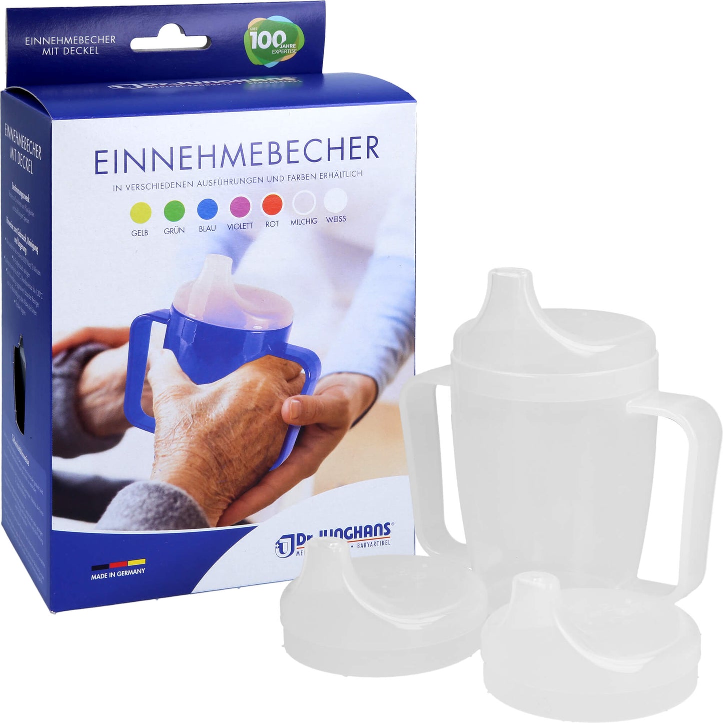 EINNEHMEBECHER m.2 Griffen+2 Deck.4+8+12mm milchig 1 St