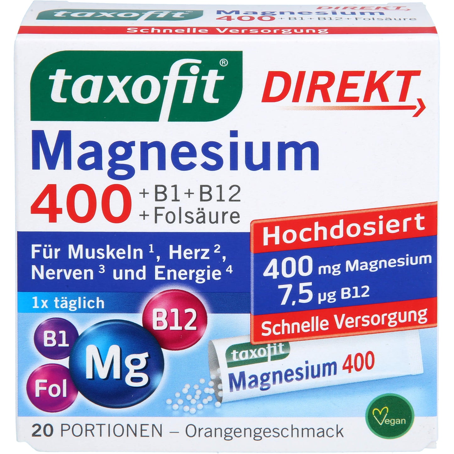 TAXOFIT Magnesium 400+B1+B6+B12+Folsäure 800 Gran. 20 St