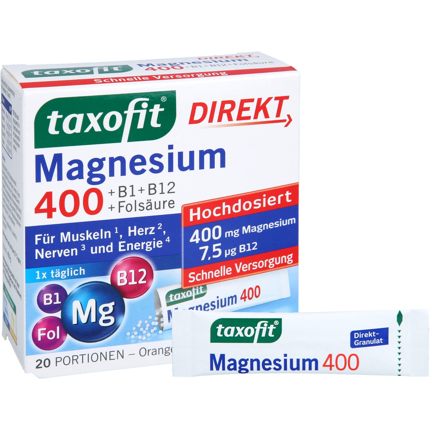 TAXOFIT Magnesium 400+B1+B6+B12+Folsäure 800 Gran. 20 St