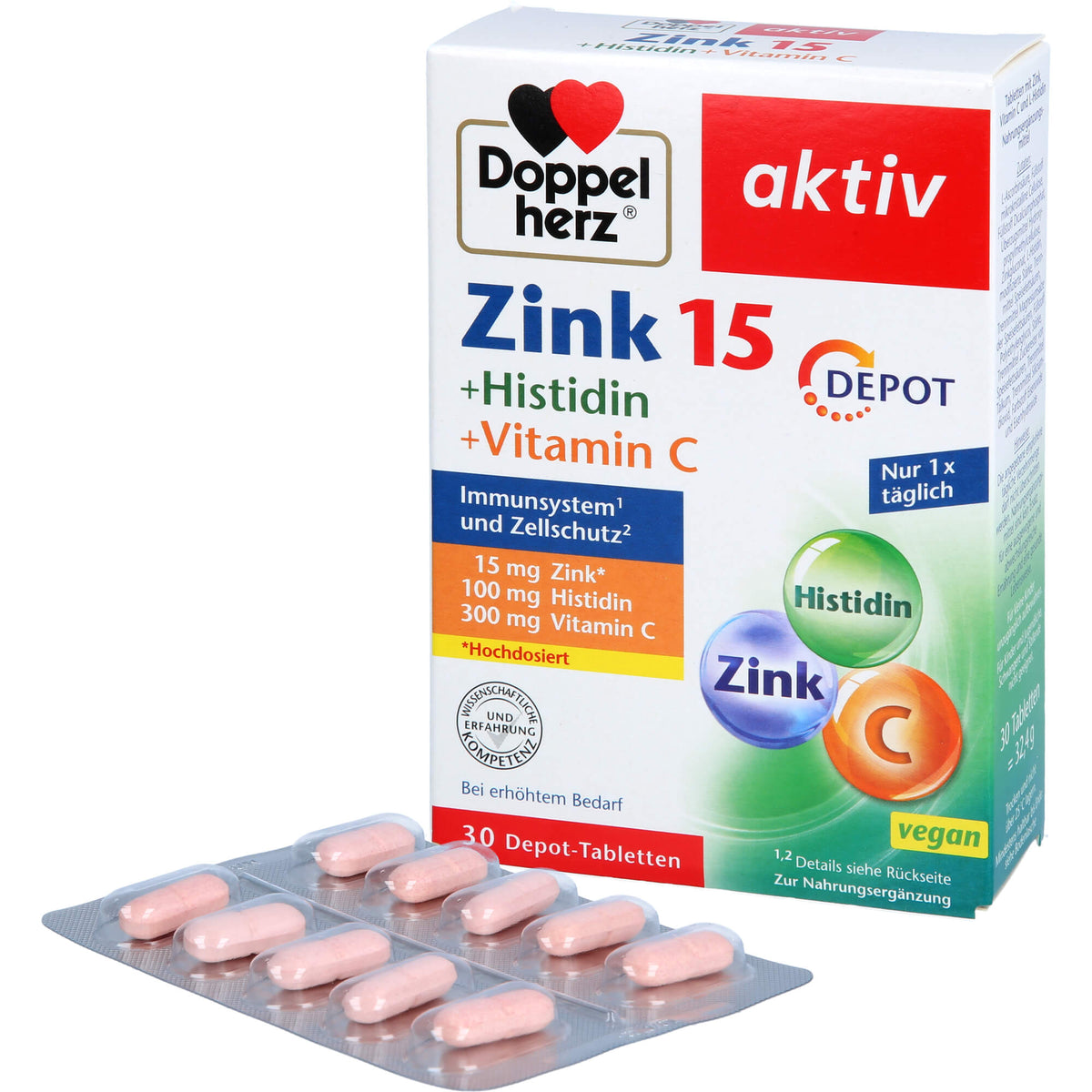 DOPPELHERZ Zink 15 mg+Histidin+Vit.C Depot aktiv 30 St