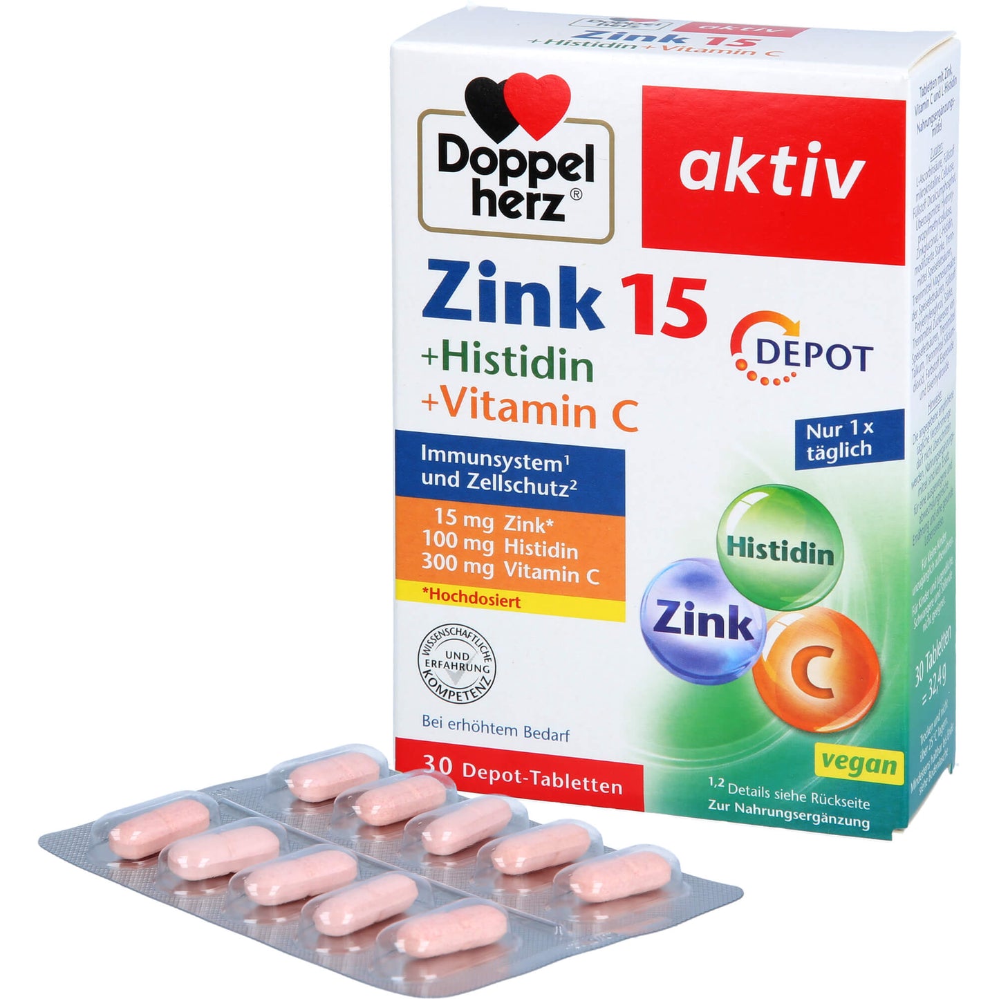 DOPPELHERZ Zink 15 mg+Histidin+Vit.C Depot aktiv 30 St