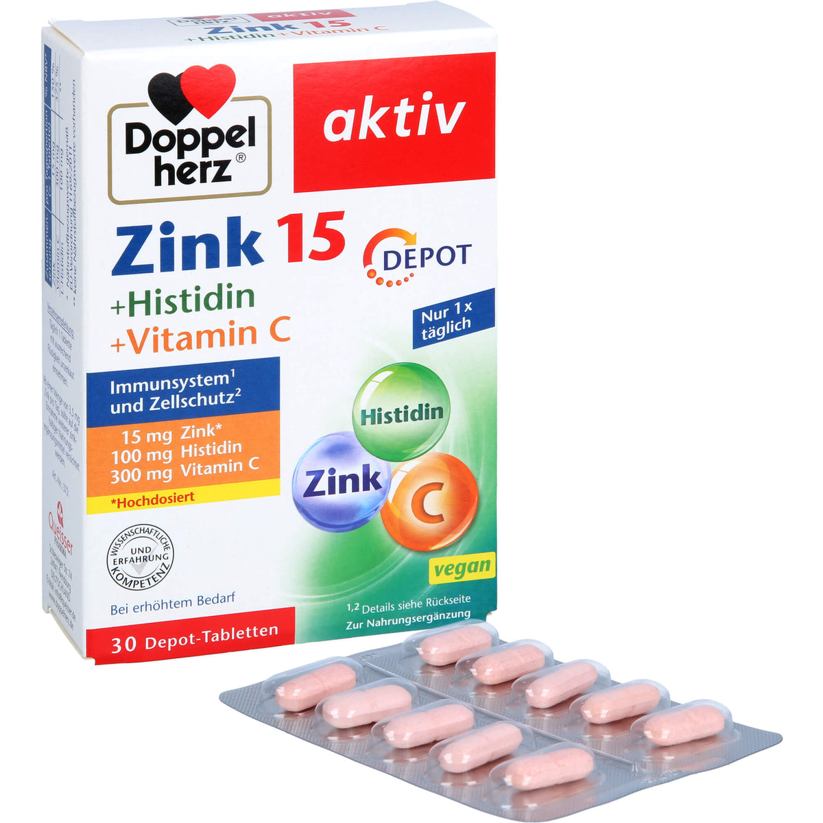 DOPPELHERZ Zink 15 mg+Histidin+Vit.C Depot aktiv 30 St