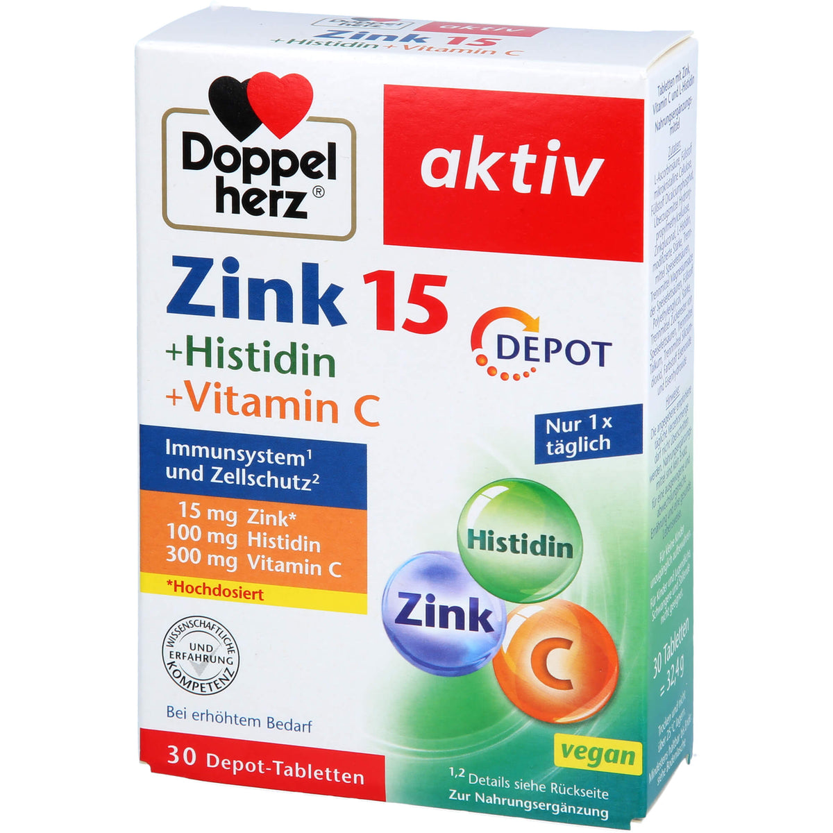 DOPPELHERZ Zink 15 mg+Histidin+Vit.C Depot aktiv 30 St
