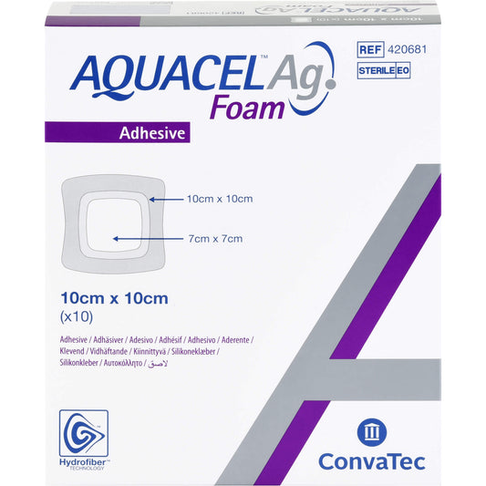 AQUACEL Ag Foam adhäsiv 10x10 cm Verband 10 St
