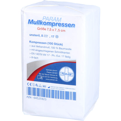 MULLKOMPRESSEN 7,5x7,5 cm unsteril 8fach 100 St
