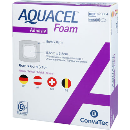 AQUACEL Foam adhäsiv 8x8 cm Verband 10 St