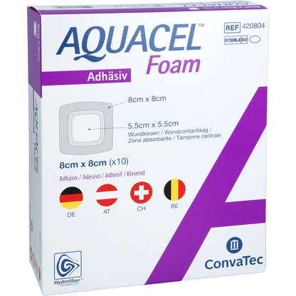 AQUACEL Foam adhäsiv 8x8 cm Verband 10 St